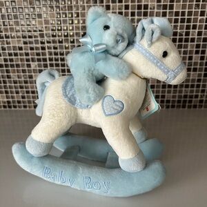 AURORA BABY BOY PLUSH BEAR ON ROCKING HORSE MUSICAL NWT